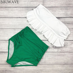 High Waist Swimwear Bikini Vintage Retro Push Up Swimsuit Bathing Suit Green ruffle Beachwear