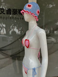 Red Love Heart Crochet Threaded Bikini Set With bucket Hats Handmade Swinwear Bathing Suit Sexy Fashion Swimsuit Vacation Wear