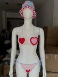 Red Love Heart Crochet Threaded Bikini Set With bucket Hats Handmade Swinwear Bathing Suit Sexy Fashion Swimsuit Vacation Wear