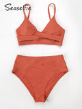 SEASELFIE Sexy Twist Tank High-Waist Bikini Sets Swimwear Women Swimsuits Bathing Suit 2023 Solid Red V-neck Bikinis Beachwear
