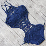 Sexy Lace One Piece Swimsuit Swimwear Women Solid High Neck Monokini Hollow Out Female Push Up Bathing Suit Maillot De Bain 2021