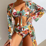 Sexy High Waisted Bikini Three Pieces Floral Printed Swimsuit Women Bikini Set With Mesh Long-Sleeved Blouse Size S-3XL 2023 New