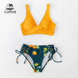 CUPSHE Yellow And Lemon Print Mid-Waist Bikini Sets Swimsuit Women Sexy Lace Up Two Pieces Swimwear 2023 New Beach Bathing Suits
