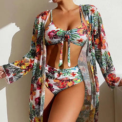 Sexy High Waisted Bikini Three Pieces Floral Printed Swimsuit Women Bikini Set With Mesh Long-Sleeved Blouse Size S-3XL 2023 New