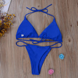 Women's Ultra Thin Elastic Thong Bikini Set Side Tie Sexy Solid Color Swimsuit Bandage Style Brazilian Swimwear