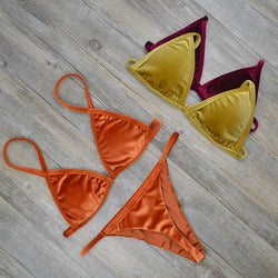 2017 Women Dark Green Orange Gold Velvet Thong Bikinis Sets Swimwear Swimsuit Brazilian Beach Wear Bathing Suit 2221