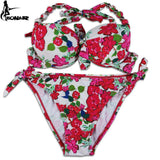 EONAR Print Floral Swimsuits Brazilian Push Up Bikini Set Retro Bathing Suits Plus Size Swimwear