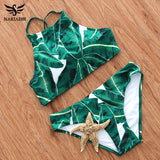 NAKIAEOI 2017 Sexy High Neck Bikini Swimwear Women Swimsuit Brazilian Bikini Set Green Print Halter Top Beach wear Bathing Suits