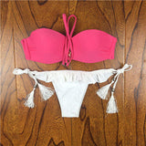 2017 Summer Style Floral Print Women Bikinis Set Crochet Lace Swimsuit Strapless Push Up Bandeau Biquinis Beachwear Bathing Suit