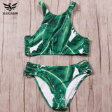 NAKIAEOI 2017 Sexy High Neck Bikini Swimwear Women Swimsuit Brazilian Bikini Set Green Print Halter Top Beach wear Bathing Suits
