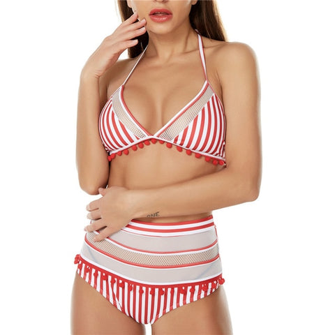 Sexy Halter Retro Mesh Hollow Out String Biquini Bathing Suit Female Swimsuit High Waist Plus Size Swimwear Women Bikini